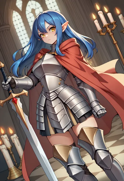 score_9, score_8_up, score_7_up, score_6_up, source_anime, BREAK dutch angle, castle, candle, darkness, indoors, shade, 1girl, long hair, blue hair, yellow eyes, pointy ears, knight, armor, pauldrons, breastplate, red cape, gold trim, armored skirt, thigh ...