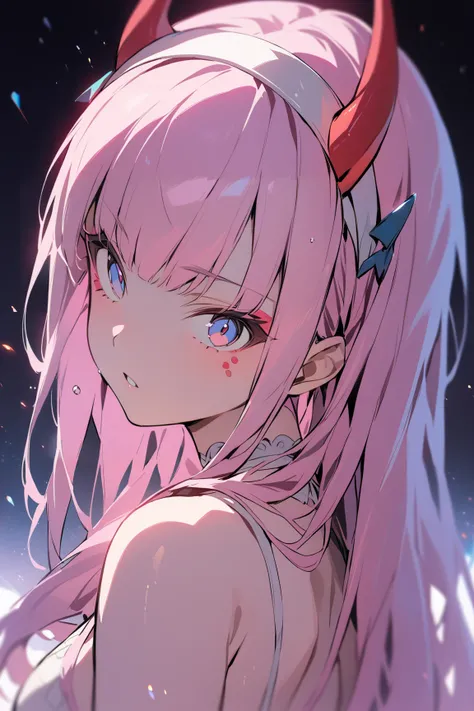 shine colorful,1girl,zero two (darling in the franxx),long hair,pink hair,horns,looking at viewer,hairband,green eyes,white hairband,bangs,portrait,looking back,eyeshadow,masterpiece,best quality,<lora:Shine_colorful_XL_15E2B3A3C_RT:1>,,