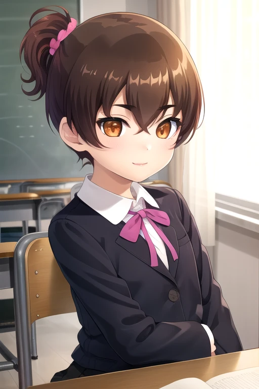 ((masterpiece)),(best quality),official art,extremely detailed CG,unity 8k wallpaper,ultra detailed,beautiful detailed eyes,extremely detailed face,classroom,1girl,solo,upper body,(portrait:1.5),looking at viewer,facing viewer,smile,(petite:1.3),Shiraishi ...