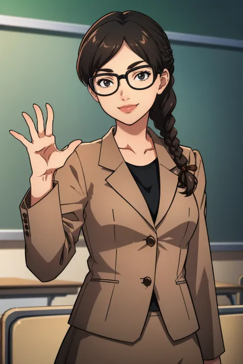 masterpiece, best quality,  <lora:zs_Usami:1> usamip5, black hair, braid, glasses, brown suit, brown skirt, classroom, looking at viewer, smile, cowboy shot, upper body