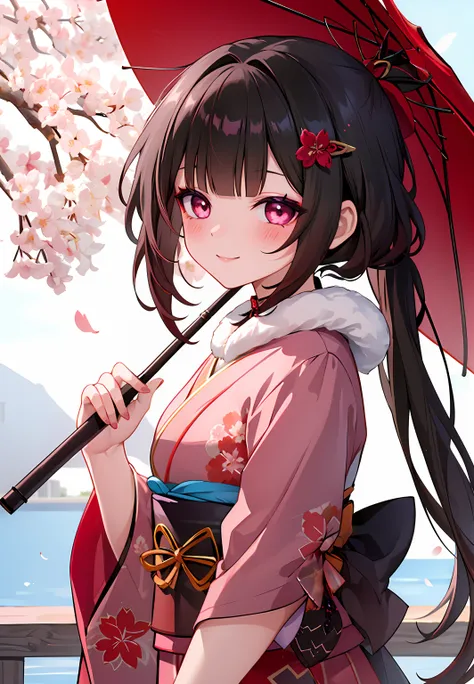 ((masterpiece,best quality)), 1girl, sparklehsrpv, hairclip, long kimono, long sleeves, fur trim, floral print, petals, cherry blossoms, oil-paper umbrella, smile, blush,