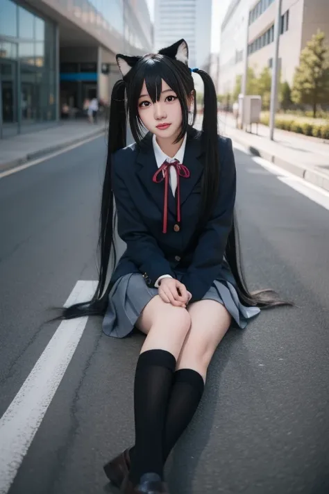 ltra-detailed,highly detailed,best quality,masterpiece,illustration,realistic,photorealistic,
nakano azusa, sakuragaoka high school uniform,
1girl, solo, cosplay,
very long hair, bangs, low twintails,
looking at viewer, sitting, 
outdoors, 
<lora:nakano az...