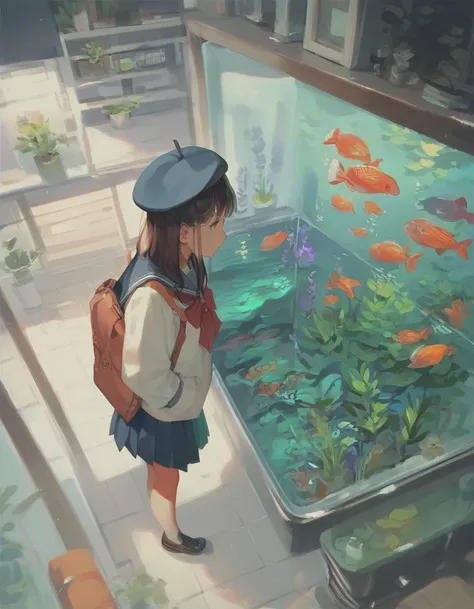 score_9, score_8_up, score_7_up, score_6_up, score_5_up, score_4_up, a girl walking in aquarium, school uniform, from side, looking at viewer, beret, from above, 
<lora:ra_style_xl_v4:.8>