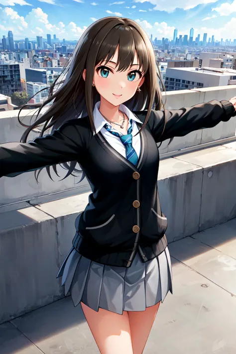 masterpiece, best quality, highres, aarin, long hair, earrings, necklace, school uniform, necktie, collared shirt, black cardigan, long sleeves, pleated skirt, grey skirt, <lora:shibuya_rin_v1:0.7>,  standing, cowboy shot, smile, outstretched arms, rooftop...