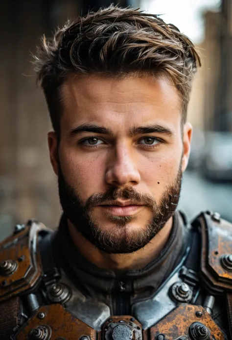 close up Portrait photo of muscular bearded guy in a worn mech suit, intricate, (steel metal [rust]), elegant, sharp focus, photo by greg rutkowski, soft lighting, vibrant colors, masterpiece, ((streets)), detailed face