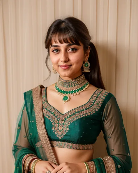 a photo of a cute 30-year-old woman, dglattev2_TI, professional portrait photo,high neck Emerald Phulkari Suit, high ponytail and bangs, soft lighting, solo, night time, city bokeh lights