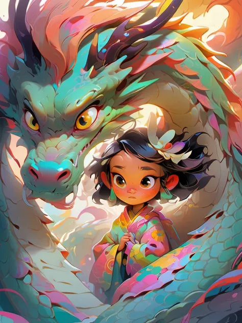 1 eastrn dragon surrounds the little girl,colorful,Symphony,shiny and glossy,bright color,brian kesinger,luminous color palette,Bright color combination,in the style of psychedelic manga,<lora:Symphony_dragon:1>,