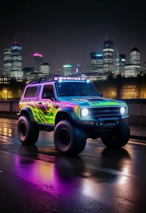 (monster truck), electric-current, London cityscape at night, glowing electromagnetic effects, neon reflections, (f_stop 2.8), (focal_length 35mm), vibrant energy, electric aura, dynamic motion, 4k resolution, uhd, hdr