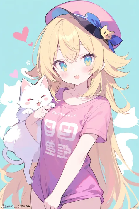 1girl, Best quality, genshin,Touhou Project,Honkai StarRail, mamimi(mamamimi),blade (galaxist),((fuzichoco,butterchalk,yoshinari you,mika pikazo)), holding animal, short sleeves, no pants, open mouth, upper body, looking at viewer, pink shirt, very long ha...