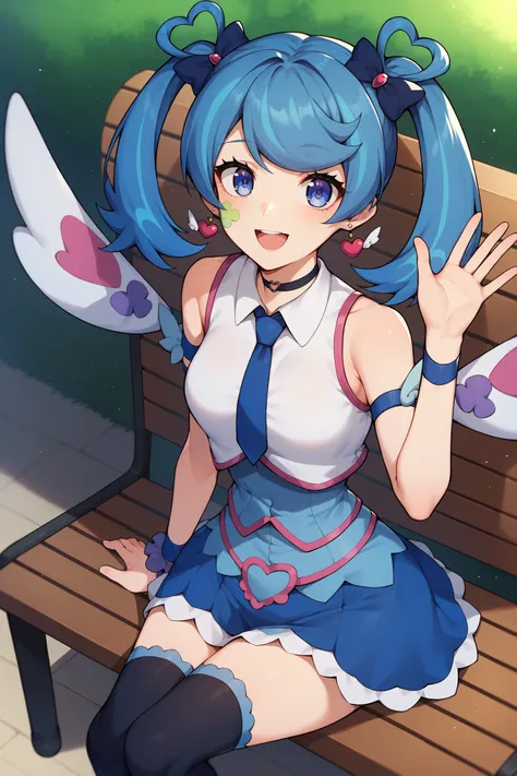 score_9,score_8_up,score_7_up,score_6_up,score_5_up,score_4_up, source_anime, aaangel, twintails, blue hair, hair bow, blue bow, blue eyes, facial mark, heart earrings, wings, heart, choker, blue necktie, sleeveless shirt, white shirt, arm strap, blue skir...