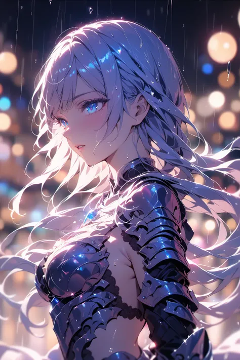 shine colorful,1girl,glowing particles,rain,long hair,lips,depth of field,blue eyes,parted lips,eyelashes,blurry background,armor,bokeh,nose,masterpiece,best quality,<lora:Shine_colorful_XL_15E2B3A3C_RT:1>,