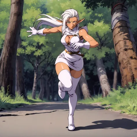<lora:Pirotess003:0.7>,<lora:add_detail:0.5>,<lora:noline:0.3>,<lora:boldline:-0.3>,
Pirotess,1girl,elf,long hair,white hair,circlet,yellow eyes,dark skin,1990s (style),
cleavage,breasts,turtleneck,center opening,white dress,short dress,sleeveless,
belt,sk...