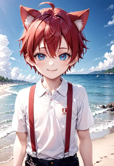 <lora:cacd-xl-base-2:0.6> ,(1boy:1.2), beach, smile, ( crimson cat ears:1.4), (red ears), male face, male body, more details in eyes, (very short hair:1.2), hair between eyes, cute, adorable boy, cute face, detailed face, handsome, young, juvenile, white s...