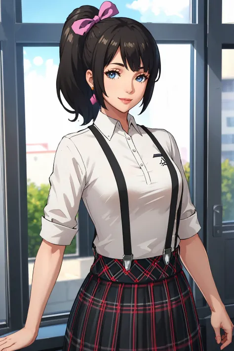 masterpiece, best quality, absurdres, beautiful, <lora:zs_Eiko:1> eikop5, black hair, side ponytail, ribbon, shirt, suspenders, plaid skirt, knee socks, looking at viewer, smile, cowboy shot, upper body,