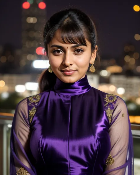 a photo of a cute 30-year-old woman, dgmochav2_TI, professional portrait photo,high neck Purple Salwar Kameez, high ponytail and bangs, soft lighting, solo, night time, city bokeh lights