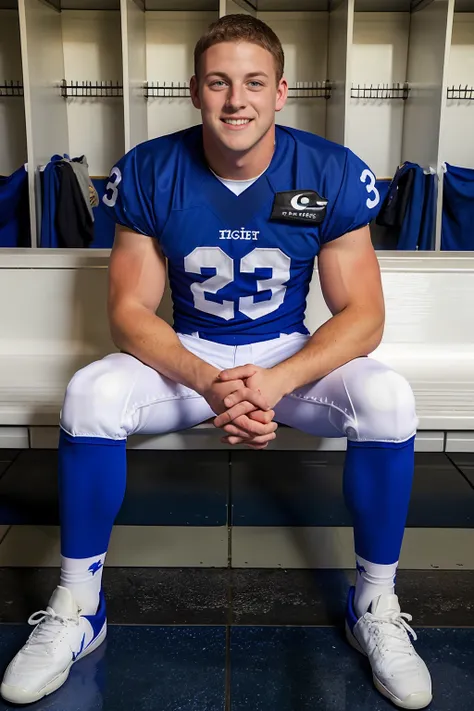 locker room, lockers in the background, sitting on a bench, smile, ADConrad is an (American football player), wearing (American football uniform), (royal blue jersey:1.4), jersey number 23, (white football pants:1.3), (royal blue socks), (black sneakers:1....