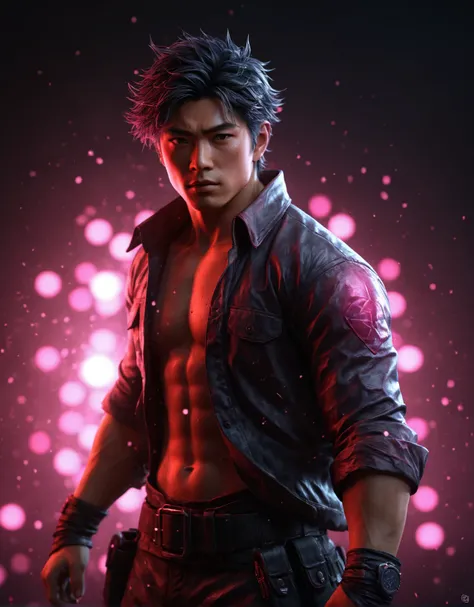 dark and gritty, japanese manga (hero:1.55) borax crystal, dynamic pose, raspberry lights, realistic, glow, detailed textures, high quality, high resolution, high precision, realism, color correction, proper lighting settings, harmonious composition, behan...