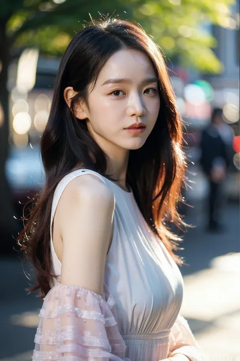 Best quality, masterpiece, ultra high res, (photorealistic), raw photo,1girl, skinny, upper body,solo, realistic, looking at viewer, long hair, bokeh background, city streets, bohemian dress,  <lora:makina69_shinhyesun_v1.0:1>