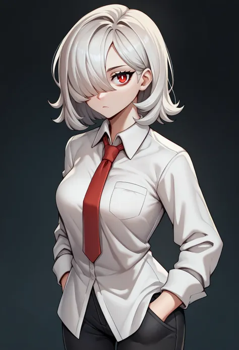 score_9, score_8_up, score_7_up, score_6_up, source_anime, BREAK cowboy shot, gradient background, black background, 1girl, white hair, medium hair, hair over one eye, red eyes, white pupils, (bags under eyes:0.8), collared shirt, white shirt, long sleeves...