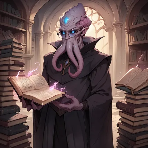 score_9, score_8_up, score_7_up, score_6_up, score_5_up, score_4_up, <lora:gravs-mindflayer-1.2-locon:1> front view of a solo mindflayer standing while holding a book and reading it,mindflayer,monster,solo,solo focus,blue glowing eyes,black sclera,looking ...