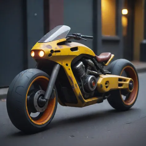 bikemaker night . dark . science fiction  concept design,  (deep tire tread:1.1) on rubber tires,side view, redesign , 
cinematic photo bike,  metal crimson yellow accents, thrusters glow, race vehicle, mechanical parts
 dimly lit paris street. 35mm photog...