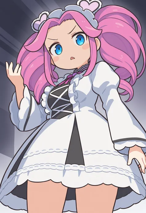 1girl,shikoku metan, voicevox,<lora:metan_XL_v1:0.5>,solo, blue eyes, pink hair, long sleeves, long hair, blush stickers, white dress, twintails, puffy sleeves, frills, twin drills, maid headdress,heart hair ornament,
from below, cinematic angle, looking a...