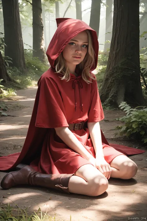 zPDXL, zPDXLpg, dappled sunlight, realistic photograph of little red riding hood in a dark forest sitting on the ground, wearing a red hooded cloak, red dress and boots