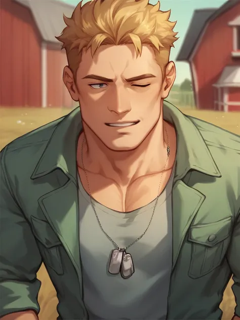 score_9, score_8_up, score_7_up, score_6_up, source_anime,  <lora:last-000002:1>, k3nt, mature man, winking, blonde hair, green jacket, dog tag necklace, farm background,