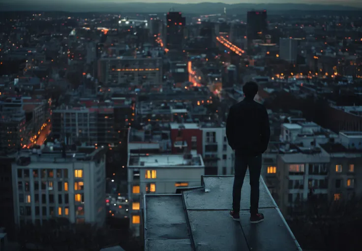 a young man looks down from atop a building at the city below wondering what his next move will be, twilight, moody