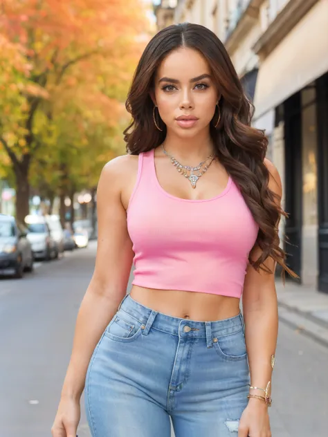 photo of victoriajune, a beautiful woman, perfect long hair, (upper body shot:1.1)  (wearing pink tank top, jeans, jewelry:1.2), (paris street, autumn:1.2), (analog, cinematic, film grain:1.3), ((detailed eyes)), (color picture:1.1), Fujifilm XT3,   <lora:...