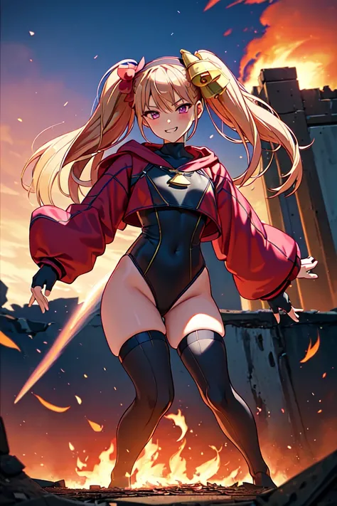 from front, full body, look at viewer,
1girl, solo, 
<lora:ririnchan_V02:0.8>
ririn,purple eyes, blonde hair, twintails, long hair, hairband, (Bell hair ornament)  , 
thighs, covered navel, 
hood ,black leotard, jacket, long sleeves, black thighhighs, 
glo...