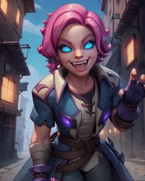 score_9,score_8_up,score_7_up,
maeve,solo.short pink hair with a hair knot,blue slit pupils,blue eyes,glowing eyes,
belt,fingerless gloves,shirt,coat,short sleeves,smile,grin,
rooftop,fantasy,leaning forward,fang,open mouth,
nigh,outside,alley,in the shado...