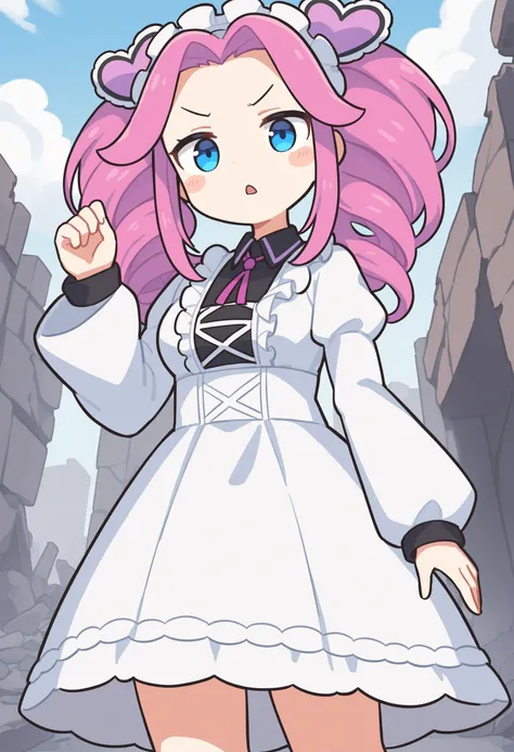 1girl,shikoku metan, voicevox,<lora:metan_XL_v1:0.4>,solo, blue eyes, pink hair, long sleeves, long hair, blush stickers, white dress, twintails, puffy sleeves, frills, twin drills, maid headdress,heart hair ornament,
dutch angle, upper body, looking at vi...