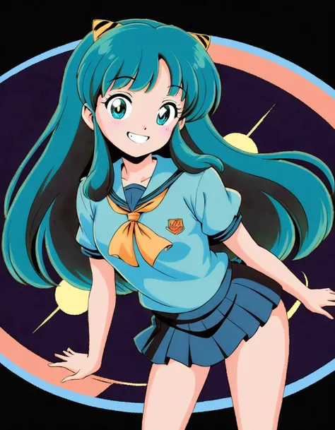 lum, 1girl, solo, smile, school uniform, retro artstyle, 1980s style