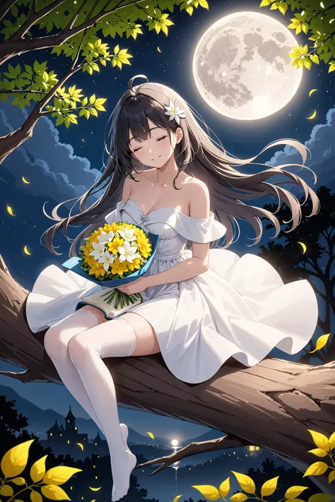 1girl, solo, masterpiece, best quality, ahoge, bare shoulders, black hair, book, bouquet, capelet, closed eyes, collarbone, dress, eyebrows hidden by hair, floating hair, full moon, grey eyes, heart, leaf, light rays, long hair, looking at viewer, moon, ni...