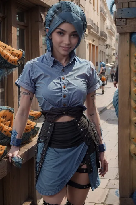 <lora:CantaloupeWorld:1> (CantaloupeWorld:1.3) (1woman (blue hair:1.5):1.2) (punk shirt and skirt:1.4) near a bar in parís (cool steampunk hat:1.2)