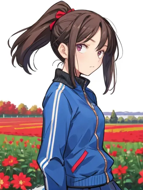 (masterpiece, high quality,:1.4), BREAK,
1girl, teen, solo, skinny, slender, 
track jacket,
long skirt,
determined, 
blue, 
burgundy, 
Ponytail with Hair Accessory, 
v arms, 
closed mouth , 
BREAK, 
dutch angle,
Vibrant fields of flowers in bloom,