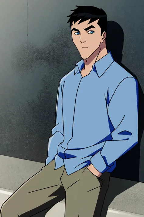 masterpiece,best quality,Bruce_Wayne,1boy,solo,blue shirt,sitting,hands in pockets,looking at viewer,black hair,blue eyes,male focus