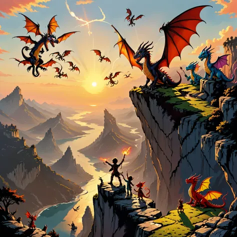 A dragon tamer perched on a cliff edge, signaling to a group of dragons flying against the backdrop of a setting sun, with a small, mischievous dragonling playing at their feet.