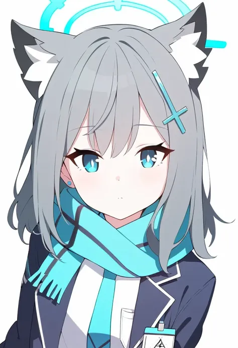 1girl,
shiroko (blue archive),
single glove, cross hair ornament, halo, mismatched pupils, white_shirt, animal ear fluff, blue scarf, white_background, upper body, green gloves, looking at viewer, blue necktie, simple background, long sleeves, open jacket,...