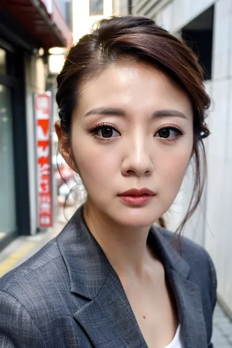 Best quality,masterpiece,ultra high res,8K,(photorealistic:1.4),1girl,low key,slim body,japanese street alley,dynamic pose,face closeup,makeup,<lora:ady_an:1>,suit,