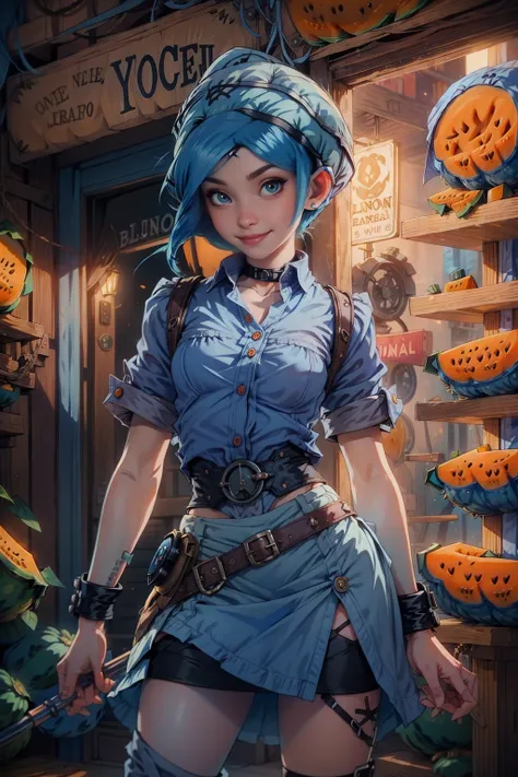 <lora:CantaloupeWorld:1> (CantaloupeWorld:1.3) (1woman (blue hair:1.5):1.2) (punk shirt and skirt:1.4) near a bar in parís (cool steampunk hat:1.2)