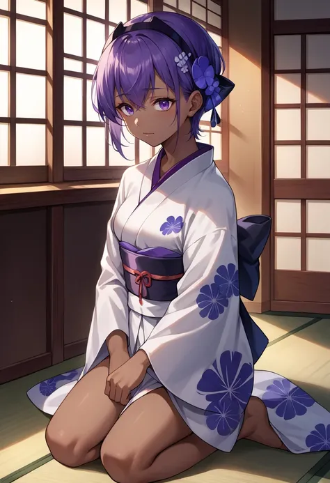 score_9, score_8_up, source_anime, HassanOfSerenity, dark-skinned female, purple hair, purple eyes, short hair, black hairband, indoors, kimono, hair flower, floral print, wariza, kneeling, <lora:ChamHassanOfSerenityPonyXL:1>