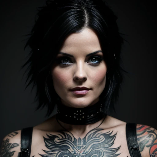 Portrait of a jaimiealexander female rocker, expressive eyes, tattoos, attitude, sultry, pictorialism, dystopian, grim dark, goth, chiaroscuro, contrast, surrealism, gritty background, , grunge, graffiti