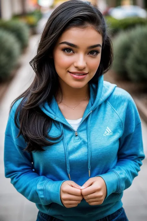 photo of beautiful (Em1lyW1ll1sV2-130:0.99), a woman, perfect hair, smiling, (modern photo), wearing hoodie and sweatpants, portrait, 85mm, (analog, cinematic, film grain:1.3), (__advancedWildcardsScienceFictionKit_v10/advanced-science-fiction-locations__)...