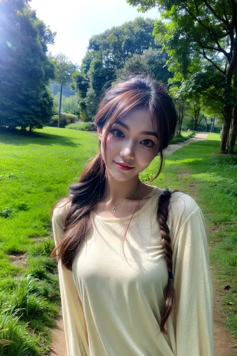 1girl, lailai, <lora:lailai:0.9>, full body, close up, looking at viewer, outdoors, woods, trees, grass, nature, dim lighting, dusk, <lora:add_detail:1>