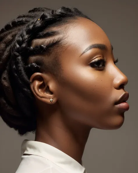 a close up of a woman with a braided up hairs