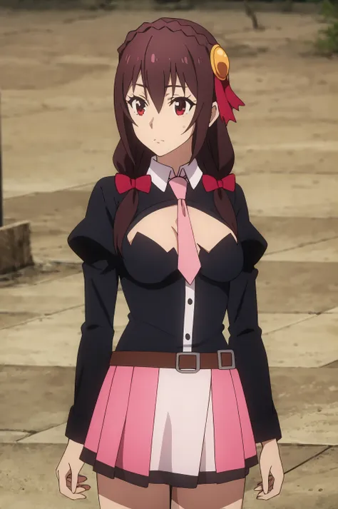 ((best quality)),((highly detailed)),masterpiece,absurdres,detailed face,beautiful face,(detailed eyes, deep eyes),1girl,((dynamic pose))  <lora:YunYunV1:0.8>Yunyun, solo, red eyes, necktie, breasts, brown hair, braid, pink necktie, skirt, belt, bow, long ...