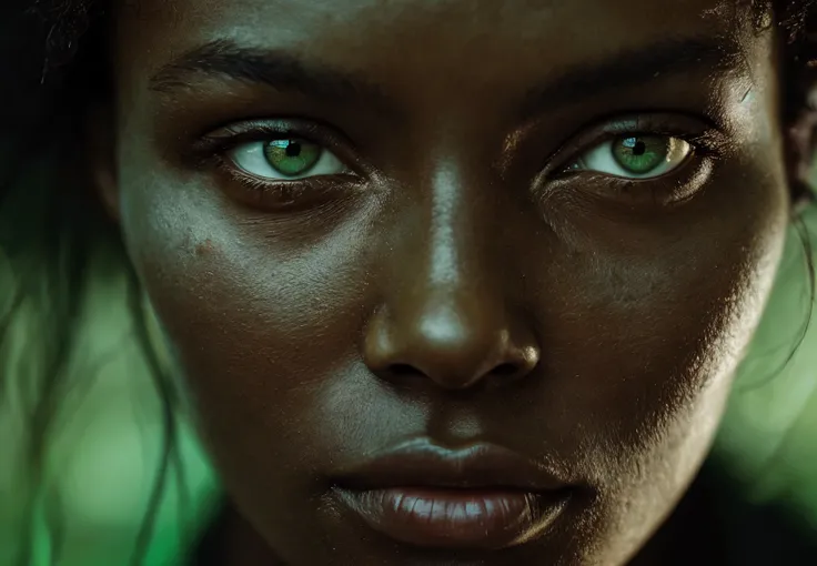 african supermodel, (green:1.2) eyes, close up portrait, ambient light, (by lee jeffries:0.8)