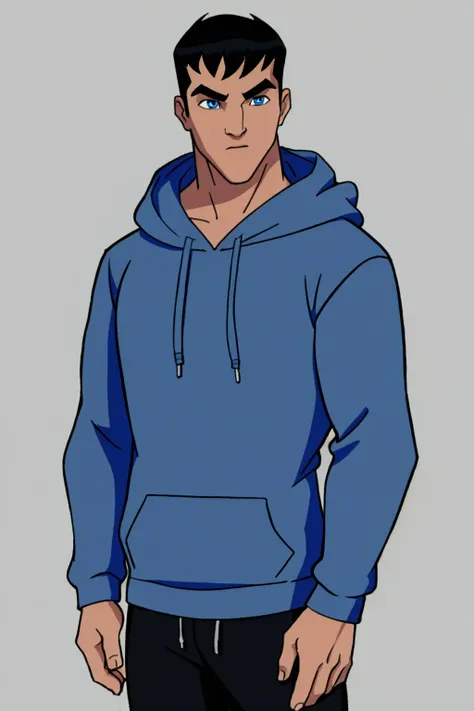 masterpiece ,best quality, Bruce_Wayne,1boy,solo,black hair,blue eyes,blue shirt,male focus,wears,hoodie,black hoodie